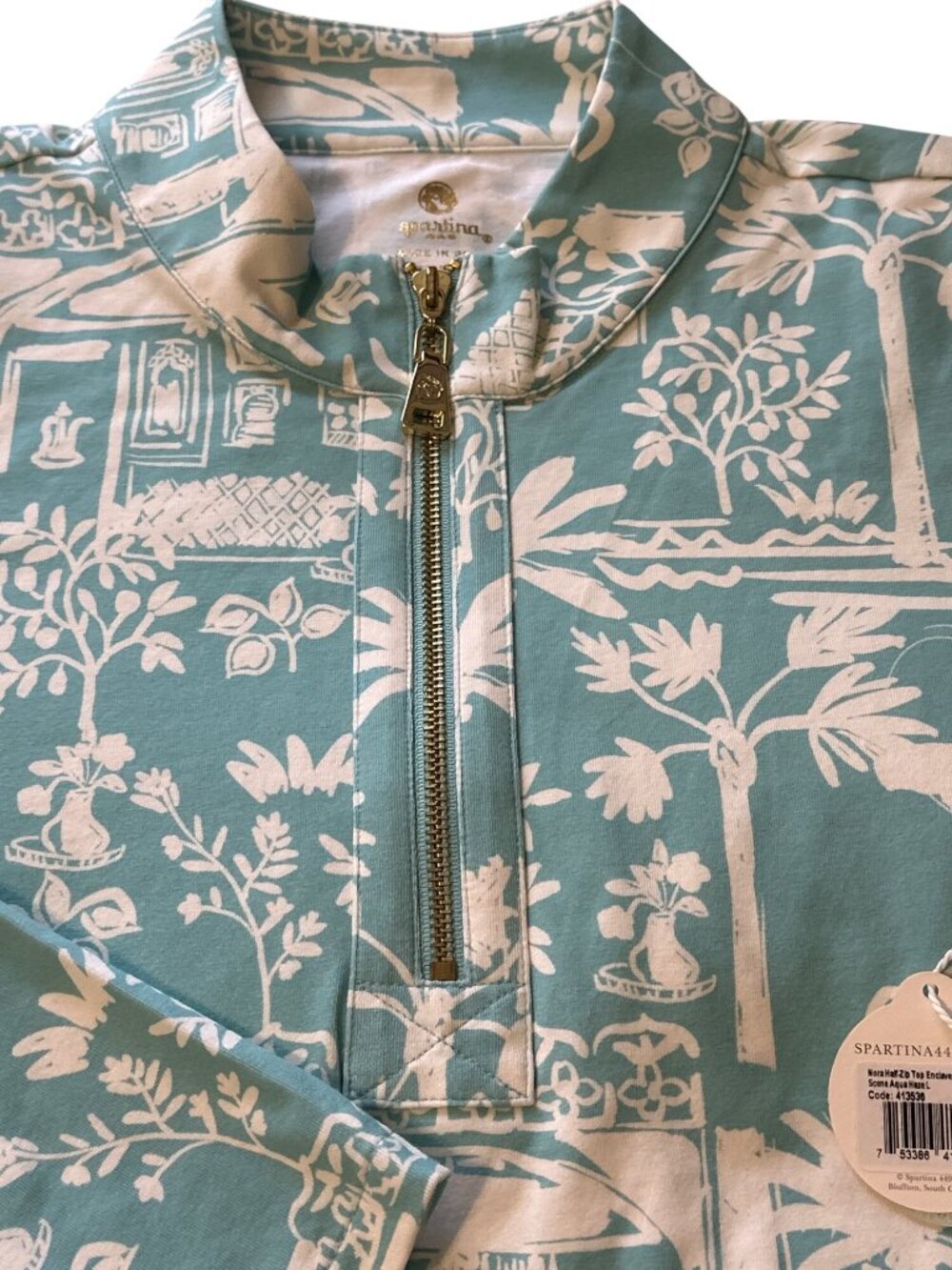 Spartina 449 Aqua Toile 1/2 Zip Pullover Womens Size L Long Sleeve Made In Peru - Picture 2 of 6